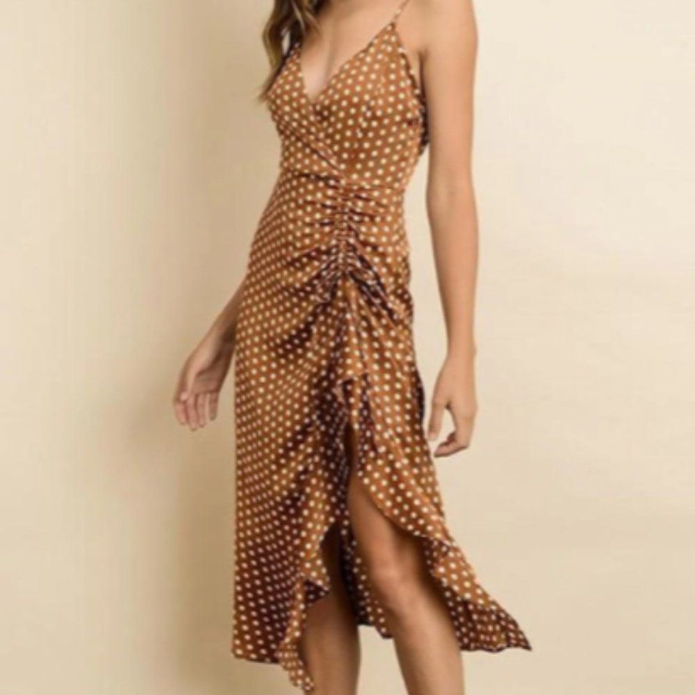 POLKA-DOT RUCHED MIDI-DRESS (Small)